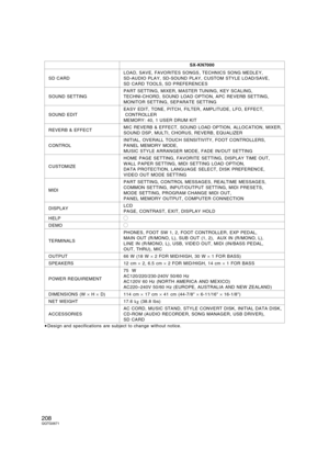 Page 208SX-KN7000
SD CARDLOAD, SAVE, FAVORITES SONGS, TECHNICS SONG MEDLEY,
SD-AUDIO PLAY, SD-SOUND PLAY, CUSTOM STYLE LOAD/SAVE,
SD CARD TOOLS, SD PREFERENCES
SOUND SETTINGPART SETTING, MIXER, MASTER TUNING, KEY SCALING,
TECHNI-CHORD, SOUND LOAD OPTION, APC REVERB SETTING,
MONITOR SETTING, SEPARATE SETTING
SOUND EDITEASY EDIT, TONE, PITCH, FILTER, AMPLITUDE, LFO, EFFECT,
 CONTROLLER
MEMORY: 40, 1 USER DRUM KIT
REVERB & EFFECTMIC REVERB & EFFECT, SOUND LOAD OPTION, ALLOCATION, MIXER,
SOUND DSP, MULTI, CHORUS,...