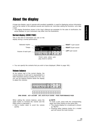 Page 29About the display
A large-size display, easy to operate with excellent readability, is used for displaying various information
such as the names of the selected sounds and rhythms etc. and when setting the functions. Let’s take
a look.
•The display illustrations shown in this User’s Manual are examples for the sake of clarification; the
actual displays on your instrument may differ from the illustrations.
Normal display (HOME PAGE)
This is the kind of information you see on the
display during a normal...