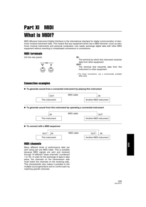 Page 125125QQTG0701
MIDI
Part XI   MIDI
What is MIDI?
MIDI (Musical Instrument Digital Interface) is the international standard for digital communication of elec-
tronic musical instrument data. This means that any equipment which has a MIDI terminal—such as elec-
tronic musical instruments and personal computers—can easily exchange digital data with other MIDI
equipment without resorting to complicated conversions or connections.
MIDI terminals
(On the rear panel)IN:
The terminal by which this instrument...