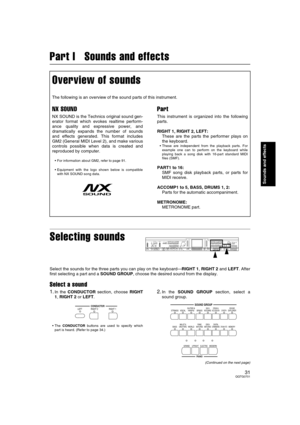 Page 3131QQTG0701
Sounds and effects
Part I   Sounds and effects
Selecting sounds
Select the sounds for the three parts you can play on the keyboard—RIGHT 1, RIGHT 2 and LEFT. After
first selecting a part and a SOUND GROUP, choose the desired sound from the display.
Select a sound
1.In the CONDUCTOR section, choose RIGHT
1, RIGHT 2 or LEFT.
The CONDUCTOR buttons are used to specify which
part is heard. (Refer to page 34.)
2.In the SOUND GROUP section, select a
sound group.
(Continued on the next page)
Overview...
