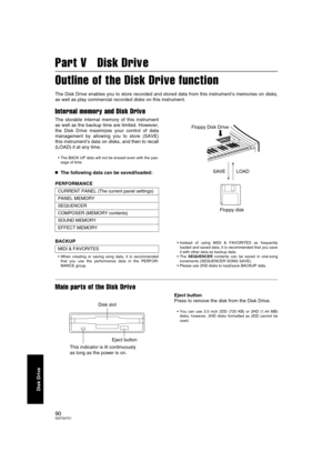 Page 9090QQTG0701
Disk Drive
Part V   Disk Drive
Outline of the Disk Drive function
The Disk Drive enables you to store recorded and stored data from this instrument’s memories on disks,
as well as play commercial recorded disks on this instrument.
Internal memory and Disk Drive
The storable internal memory of this instrument
as well as the backup time are limited. However,
the Disk Drive maximizes your control of data
management by allowing you to store (SAVE)
this instrument’s data on disks, and then to...