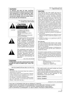 Page 3    CAUTION: TO REDUCE THE RISK OF
ELECTRIC SHOCK, DO NOT
REMOVE SCREWS.
NO USER-SERVICEABLE PARTS
 INSIDE.
REFER SERVICING TO QUALIFIED
SERVICE PERSONNEL.
The lightning flash with arrowhead
symbol, within an equilateral tri-
angle, is intended to alert the user
to the presence of uninsulated
“dangerous voltage” within the pro-
duct’s enclosure that may be of
sufficient magnitude to constitute
a risk of electric shock to persons.
The exclamation point within an
equilateral triangle is intended to
alert...