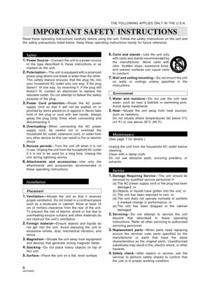 Page 6Read these operating instructions carefully before using the unit. Follow the safety instructions on the unit and
the safety precautions listed below. Keep these operating instructions handy for future reference.
1.Power Source—Connect the unit to a power source
of the type described in these instructions or as
marked on the unit.
2.Polarization—The unit is equipped with a polarized
power plug where one blade is wider than the other.
This safety feature ensures that the plug fits into
your household AC...