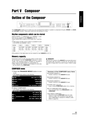Page 85Outline of the Composer
The COMPOSER enables you to create your own accompaniment patterns. A pattern is comprised of 8 parts: DRUMS 1, 2, BASS
and ACCOMP1–5 parts. These parts would form the backing of a song.
Rhythm components which can be stored
Different INTRO 1, 2, VARIATION 1 to 4, ENDING 1, 2 pat-
terns can be created for each MEMORY (A, B, C).
•Each VARIATION is made of a PATTERN, FILL 1 and FILL
2.
•A Maj (major) and Min (minor) pattern is available for each
of the INTRO and ENDING 1 and 2.
•The...
