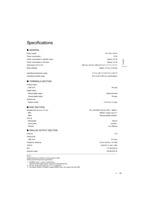 Page 1919
English
Specifications
	
≥Specifications are subject to change without notice.
≥ Mass and dimensions are approximate.
*1 ISO9660 Level-1, Level-2, Joliet,Romeo Recommended single-session. Recommended finalized disc.
*2 ID3 tag: ver.2(2.2/2.3) and ver.1(1.0/1.1) supported
*3 Not support WMA9 Pro/WMA9 Lossless/WMA9 Voice. Not support fi le with DRM.
∫GENERAL
Power supply AC 120 V, 60 Hz
Power consumption 10 W
Power consumption in standby mode Approx. 0.5 W
Power consumption in off mode Approx. 0.5 W...