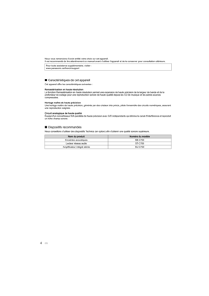 Page 224
Nous vous remercions d’avoir arrêté votre choix sur cet appareil.
Il est recommandé de lire attentivement ce manuel avant d’utili ser l’appareil et de le conserver pour consultation ultérieure.
∫Caractéristiques de cet appareil
Cet appareil offre les caractéristiques suivantes :
Remastérisation en haute résolution
La fonction Remastérisation en haute résolution permet une expa nsion de haute précision de la largeur de bande et de la 
profondeur de codage pour une reproduction sonore de haute qualité...