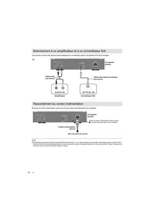 Page 2810
Vous pouvez envoyer des signaux audio analogiques ou numériques depuis cet appareil et lire de la musique.
Brancher le cordon d’alimentation après que tous les autres raccordements sont complétés.
	
≥Cet appareil consomme une faible quantité d'alimentation secteur ( >19), même lorsque le commutateur d'alimentation est en position  [OFF]. 
Retirez la fiche de la prise électrique secteur si vous ne deve z plus utiliser cet appareil pendant un assez long moment. Plac ez cet appareil de 
manière à...