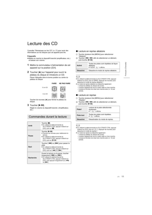 Page 2911
Français (Canada)
Lecture des CD
Consulter “Remarques sur les CD” (>17) pour avoir des 
informations sur les disques que cet appareil peut lire. 
Préparatifs
≥ Mettre en marche le dispositif branché (amplificateur, etc.) 
et baisser son volume.
1Mettre le commutateur d’alimentation de cet 
appareil sur la position [ Í/I].
2Toucher [14) est 
activée.
Commandes durant la lecture
Arrêt Toucher [
∫].≥ En utilisant la télécommande du 
SU-C700/ST-C700, appuyer d'abord sur 
[CD], puis sur [
∫].
Pause...