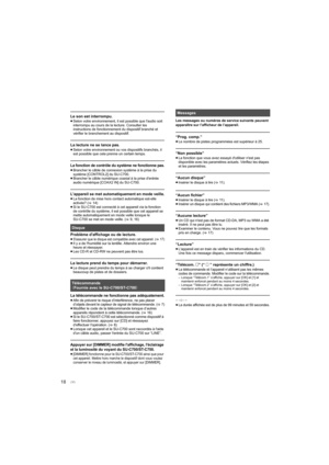 Page 3618
Le son est interrompu.
≥Selon votre environnement, il est possible que l'audio soit 
interrompu au cours de la lecture. Consulter les 
instructions de fonctionnement du dispositif branché et 
vérifier le branchement au dispositif.
La lecture ne se lance pas.
≥Selon votre environnement ou vos dispositifs branchés, il 
est possible que cela prenne un certain temps.
La fonction de contrôle du système ne fonctionne pas.
≥Brancher le câble de connexion système à la prise du 
système [CONTROL2] du...