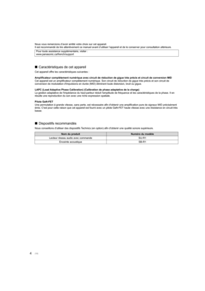 Page 184
Nous vous remercions d’avoir arrêté votre choix sur cet appareil.
Il est recommandé de lire attentivement ce manuel avant d’utiliser l’appareil et de le conserver pour consultation ultérieure.
∫Caractéristiques de cet appareil
Cet appareil offre les caractéristiques suivantes :
Amplificateur complètement numérique avec circuit de réduct ion de gigue très précis et circuit de conversion MID
Cet appareil est un amplificateur complète ment numérique. Son circuit de réduction de gigue très précis et son...