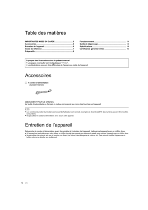 Page 206
Table des matières
Accessoires
(SEULEMENT POUR LE CANADA)
La feuille d’autocollants en français ci-incluse correspond aux noms des touches sur l’appareil.
	
≥Les numéros de produit fournis dans ce manuel  de lutilisateur sont corrects à compter de décembre 2014. Ces numéros peuvent êt re modifiés 
sans préavis.
≥ Ne pas utiliser le cordon d’alim entation avec aucun autre appareil.
Entretien de l’appareil
Débrancher le cordon d’alimentation avant de procéder à l’entreti en de l’appareil. Nettoyer cet...