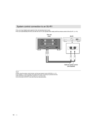 Page 1010
≥You can input digital audio signals to this unit and play back  music.
≥ You can automatically link this unit with the SU-R1 and operate  them easily with the remote control of the SU-R1. (>14)
	
≥When using the system control function, set the input selector  knob to [DIGITAL]. (>13)
≥ Use category 7 or above straight LAN cables (STP) when connecting to peripheral devices.
≥ We recommend using cables with a length of 3 m (9.9 ft) or less.
≥ Do not connect an SU-R1 in any other way than described...