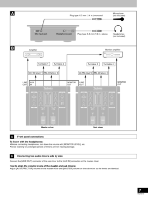 Page 7RQT6018
7
Front panel connections
To listen with the headphones:
•Before connecting headphones, turn down the volume with [MONITOR LEVEL], etc.
•Avoid listening for prolonged periods of time to prevent hearing damage.
Connecting two audio mixers side by side
Connect the [LINE OUT] connector of the sub mixer to the [AUX IN] connector on the master mixer.
How to align the volume levels of the master and sub mixers:Adjust [AUX/EFFECTOR] volume on the master mixer and [MASTER] volume on the sub mixer so the...