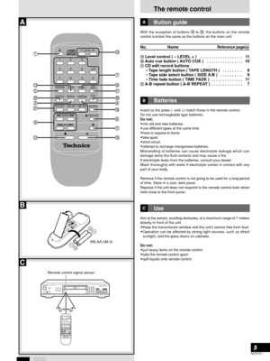 Page 5RQT5701
5
LEVEL
123
456≥10
7890
A-B REPEATREPEATRANDOMAUTO
CUE
TAPE LENGTHSIDE A/BTIME FADEPEAK SEARCH
PROGRAMCLEARRECALLTIME
MODE
SEARCHOPEN/CLOSE
SKIP
(R6,AA,UM-3)
COMPACT DISC PLAYERRANDOMTIME MODEREPEATPEAK SEARCHPROGRAM
RECALL /CLEAR123
456
789
0≥10OPEN/CLOSEmulti-stage noise shaping
30˚ 30˚
POWER
The remote control
Button guide
With the exception of buttons  to , the buttons on the remote
control function the same as the buttons on the main unit.
No. NameReference page(s)
 Level control ( – LEVEL +...