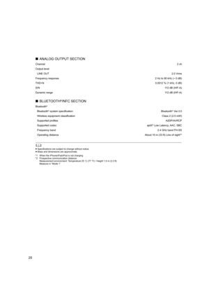 Page 2828
	
≥Specifications are subject to change without notice.
≥ Mass and dimensions are approximate.
*1 When the iPhone/iPad/iPod is not charging
*2 Prospective communication distance Measurement environment: Temperature 25 oC (77 oF) / Height 1.0 m (3.3 ft)
Measure in “Mode 1”
∫ ANALOG OUTPUT SECTION
Channel 2ch
Output level LINE OUT 2.0 Vrms
Frequency response 2Hz to 90kHz (s3dB)
THD+N 0.0012 % (1 kHz, 0 dB)
S/N 112 dB (IHF-A)
Dynamic range 112 dB (IHF-A)
∫BLUETOOTH®/NFC SECTION
Bluetooth®
Bluetooth®...