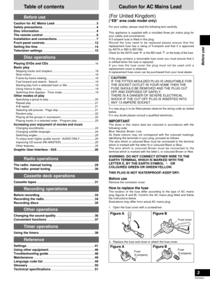 Page 33
RQT6523
Before use
Table of contents
Before use
Caution for AC Mains Lead.....................................................3
Safety precautions
.....................................................................4
Disc information
.........................................................................4
The remote control
....................................................................6
Installation and connections
..................................................7
Front panel controls...