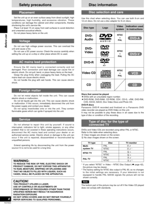 Page 4DVD-
Audio
4
RQT6523
Before use
Safety precautions
Placement
Set the unit up on an even surface away from direct sunlight, high
temperatures, high humidity, and excessive vibration. These
conditions can damage the cabinet and other components, thereby
shortening the unit’s service life.
Place it at least 15 cm away from wall surfaces to avoid distortion
and unwanted acoustical effects.
Do not place heavy items on the unit.
Voltage
Do not use high voltage power sources. This can overload the
unit and...