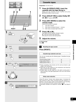 Page 3131
RQT6523
Cassette deck operations
Cassette tapes
Preparation:Turn the unit on.
1Press [;OPEN/CLOSE], insert the
cassette with the tape facing in.
Make sure the cassette is fully inserted and press 
[;OPEN/CLOSE] to close the deck.
2Press [DOLBY NR] to select Dolby NR
on 
(“%NR” appears) or off.
3Press [REV MODE] to select the
reverse mode.
Every time the button is pressed:
!: One side is played.
/: Both sides are played (forward /reverse).
$: Both sides are played eight times each.
4Press [w] or...