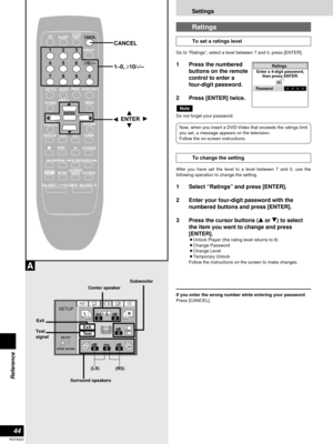 Page 44Settings
44
RQT6523
Reference
SELECT
ENTER
RETURN
SETUPRLC
LSRS
OmsOdB
OdBOmsOdB
OdBSWExit
Test
(LS)
(RS)
Exit
Test
signalCenter speakerSubwoofer
Surround speakers
A
If you enter the wrong number while entering your passwordPress [CANCEL].
Ratings
To set a ratings level
Go to “Ratings”, select a level between 7 and 0, press [ENTER].
1  Press the numbered
buttons on the remote
control to enter a
four-digit password.
2 Press [ENTER] twice.
Do not forget your password.
Note
To change the setting
After you...