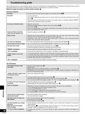 Page 48“F61” is displayed.There is a problem with the amplifier. Consult your dealer.
Troubleshooting guide
48
RQT6523
Reference
Before requesting service, make the below checks. If you can’t fix the system as described below, or if something not listed here occurs, refer to
the enclosed directory to locate an Authorized Service Center convenient to you or contact your dealer.
Reference pages are shown as black circled numbers. i
Common problems
Cannot adjust the bass or treble. No sound.
Sounds unfixed,...