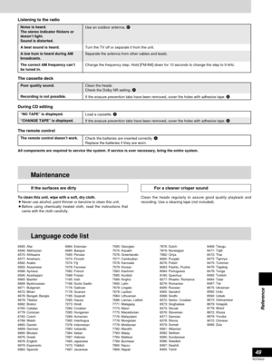 Page 4949
RQT6523
Reference
Listening to the radio
Noise is heard.
The stereo indicator flickers or
doesn’t light.
Sound is distorted.
A beat sound is heard.Turn the TV off or separate it from the unit.
A low hum is heard during AM
broadcasts.Separate the antenna from other cables and leads.
The correct AM frequency can’t
be tuned in.Change the frequency step. Hold [FM/AM] down for 10 seconds to change the step to 9 kHz.
The cassette deck
Poor quality sound.
Recording is not possible.If the erasure prevention...