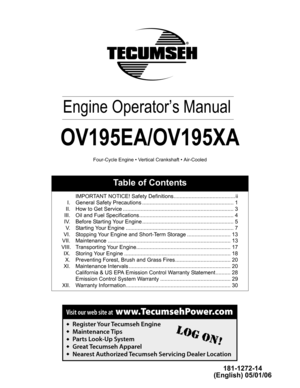 Page 1Engine Operator’s Manual
OV195EA/OV195XA
Four-Cycle Engine • Vertical Crankshaft • Air-Cooled
Table of Contents
IMPORTANT NOTICE! Safety Definitions......................................... ii
I. General Safety Precautions ............................................................. 1
II. How to Get Service .......................................................................... 3
III. Oil and Fuel Specifications............................................................... 4
IV. Before Starting Your...