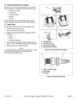 Page 17181-1272-14Four-Cycle Engine • Vertical Crankshaft • Air-CooledPage 15
B. Removing Debris from Engine
Before each use, remove the air cleaner cover. Discard 
grass clippings, dirt and debris from the following areas: 
• Levers and Linkage
• Cooling Fins
• Air Intake Screen 
• Air Inlet
• Guards
Removing debris will insure adequate cooling, correct 
engine speed and reduce the risk of fire. See Figure 32. 
C. Spark Plug
Check spark plug yearly or every 100 operating hours.
1. Clean area around spark...