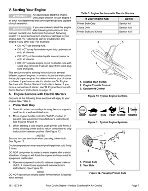 Page 9181-1272-14Four-Cycle Engine • Vertical Crankshaft • Air-CooledPage 7
V. Starting Your Engine
An adult should start the engine. 
Only allow children to start engine if 
an adult has determined they are experienced and capable 
of such operation.
If you are unable to start this engine 
after following instructions in this 
manual, contact your Authorized Tecumseh Servicing 
Dealer. To avoid serious burn injuries or damage to your 
engine, DO NOT attempt to start or troubleshoot this 
engine in any other...