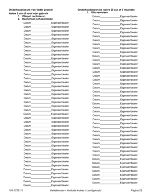 Page 25181-1272-10Viertaktmotor • Verticale krukas • LuchtgekoeldPagina 23 Onderhoudsbeurt: voor ieder gebruik
Iedere 5 uur of voor ieder gebruik
1. Oliepeil controleren
2. Koelvinnen schoonmaken 
Datum_______________Eigenaar/dealer
Datum_______________Eigenaar/dealer
Datum_______________Eigenaar/dealer
Datum_______________Eigenaar/dealer
Datum_______________Eigenaar/dealer
Datum_______________Eigenaar/dealer
Datum_______________Eigenaar/dealer
Datum_______________Eigenaar/dealer...