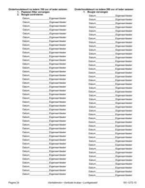 Page 26Pagina 24Viertaktmotor • Verticale krukas • Luchtgekoeld181-1272-10 Onderhoudsbeurt na iedere 100 uur of ieder seizoen
1. Papieren filter vervangen
2. Bougie controleren
Datum_______________Eigenaar/dealer
Datum_______________Eigenaar/dealer
Datum_______________Eigenaar/dealer
Datum_______________Eigenaar/dealer
Datum_______________Eigenaar/dealer
Datum_______________Eigenaar/dealer
Datum_______________Eigenaar/dealer
Datum_______________Eigenaar/dealer
Datum_______________Eigenaar/dealer...