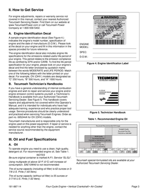 Page 5181-887-14Four-Cycle Engine • Vertical Crankshaft • Air-CooledPage 3
II. How to Get Service
For engine adjustments, repairs or warranty service not 
covered in this manual, contact your nearest Authorized 
Tecumseh Servicing Dealer. Find them on our website at 
www.TecumsehPower.com or call Tecumseh Power 
Company at 1-800-558-5402.
A. Engine Identification Decal
A sample engine identification decal (See Figure 4.) 
indicates the engine’s model number, specification of 
engine and the date of manufacture...