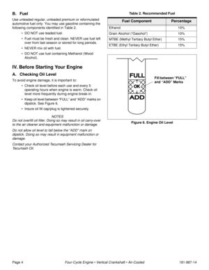 Page 6Page 4Four-Cycle Engine • Vertical Crankshaft • Air-Cooled181-887-14
B. Fuel
Use unleaded regular, unleaded premium or reformulated 
automotive fuel only. You may use gasoline containing the 
following components identified in Table 2. 
• DO NOT use leaded fuel.
• Fuel must be fresh and clean. NEVER use fuel left 
over from last season or stored for long periods.
• NEVER mix oil with fuel.
• DO NOT use fuel containing Methanol (Wood 
Alcohol).
IV. Before Starting Your Engine
A. Checking Oil Level
To...