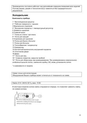 Page 16Производит
ель
 постоянно  работает  над дальнейшим  совершенствованием  всех  изделий . 
Поэтому  форма, дизайн  и  технология  могут  изменяться  без  предварительного  
уведомления.  
Холодильник  
Компоненты прибора  
1 * Вентиляционная  решетка 
2 * Рабочая  поверхность  / крышка 
3 Морозильное  отделение  
4 * Внутренняя  подсветка  + температурный  регулятор  
5 Элементы  хранения  
6 Сливной  канал 
7 * Полка  из стекла /  оргстекла   
8 * Лоток  для  овощей  
9 Отделение  для  хранения  
10...