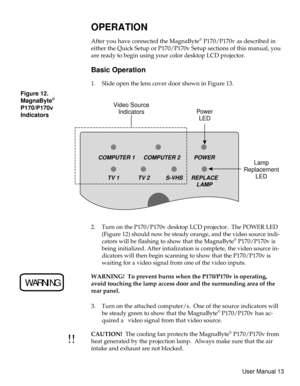 Page 18OPERATION
After you have connected the MagnaByte®P170/P170v as described in
either the Quick Setup or P170/P170v Setup sections of this manual, you
are ready to begin using your color desktop LCD projector.
Basic Operation
1. Slide open the lens cover door shown in Figure 13.
2. Turn on the P170/P170v desktop LCD projector. The POWER LED
(Figure 12) should now be steady orange, and the video source indi-
cators will be flashing to show that the MagnaByte
®P170/P170v is
being initialized. After...