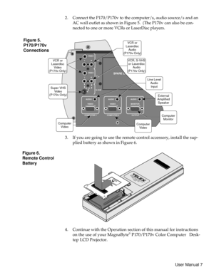 Page 122. Connect the P170/P170v to the computer/s, audio source/s and an
AC wall outlet as shown in Figure 5. (The P170v can also be con-
nectedtooneormoreVCRsorLaserDiscplayers.
3. If you are going to use the remote control accessory, install the sup-
plied battery as shown in Figure 6.
4. Continue with the Operation section of this manual for instructions
on the use of your MagnaByte
®P170/P170v Color Computer Desk-
top LCD Projector.
OPENMINNEAPOLIS, MN U.S.A.
P/N: 47436-XXX
9VDC
Figure 6.
Remote Control...