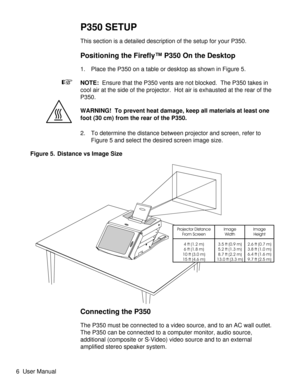 Page 11P350 SETUP
This section is a detailed description of the setup for your P350.
Positioning the Firefly™ P350 On the Desktop
1. Place the P350 on a table or desktop as shown in Figure 5.
NOTE:Ensure that the P350 vents are not blocked. The P350 takes in
cool air at the side of the projector.  Hot air is exhausted at the rear of the
P350.
WARNING! To prevent heat damage, keep all materials at least one
foot (30 cm) from the rear of the P350.
2. To determine the distance between projector and screen, refer...