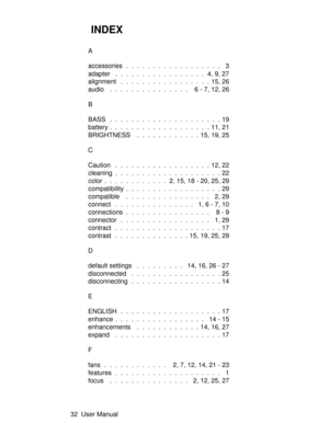 Page 37A
accessories.................. 3
adapter.................4,9, 27
alignment.................15, 26
audio............... 6 -7, 12, 26
B
BASS .....................19
battery...................11, 21
BRIGHTNESS............15, 19, 25
C
Caution..................12, 22
cleaning....................22
color............2, 15, 18 - 20, 25, 29
compatibility..................29
compatible................ 2, 29
connect............... 1, 6 -7, 10
connections................ 8 -9
connector................. 1, 29...