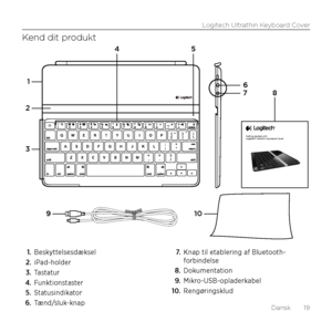 Page 19Logitech Ultrathin Keyboard Cover
Dansk  19
Kend dit produkt
1. Beskyttelsesdæksel 
2. iPad-holder
3. Tastatur
4. Funktionstaster
5. Statusindikator
6. Tænd/sluk-knap
7. Knap til etablering af Bluetooth-forbindelse
8. Dokumentation
9.  Mikro-USB-opladerkabel
10. Rengøringsklud
Getting started wi\lth
Logitech® Ultrathin\l \feyboard Co\ber
4
8
5
1
2
910
67
3  