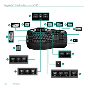 Page 2222  Français 
Logitech® Wireless Keyboard K350
1
643
5
78
2
9
11
12
1314
15
10 