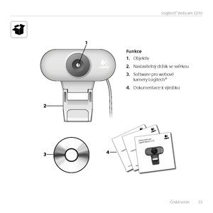 Page 33Česká verze   33
Logitech®	Webcam	C210
-PHJUFDIJ5IJOL
:PVSDPNNFOUTNBLFBEJGGFSFODF
*NQPSUBOUJOGPSNBUJPO
4BGFUZ
DPNQMJBODF
BOEXBSSBOUZ
(FUUJOHTUBSUFEXJUI
-PHJUFD Iˆ8FCDBN$
Funkce
Objektiv1.	
Nastavitelný držák se svěrkou2.	
Software pro webové 3.	kamery Logitech®
Dokumentace k výrobku4.	       