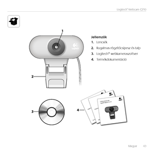 Page 43Magyar   43
Logitech®	Webcam	C210
-PHJUFDIJ5IJOL
:PVSDPNNFOUTNBLFBEJGGFSFODF
*NQPSUBOUJOGPSNBUJPO
4BGFUZ
DPNQMJBODF
BOEXBSSBOUZ
(FUUJOHTUBSUFEXJUI
-PHJUFD Iˆ8FCDBN$
Jellemzők
Lencsék1.	
Rugalmas rögzítőcsipesz és talp2.	
Logitech® webkameraszoftver3.	
Termékdokumentáció4.	       