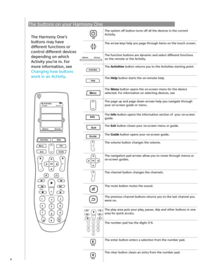 Page 6
6

The buttons on your Harmony One
The system off button turns off all the devices in the current 
Activity.
The arrow keys help you page through items on the touch screen.
The function buttons are dynamic and select different functions 
on the remote or the Activity. 
The Activities button returns you to the Activities starting point.
The Help button starts the on-remote help.
The Menu button opens the on-screen menu for the device 
selected. For information on selecting devices, see 
The page up and...