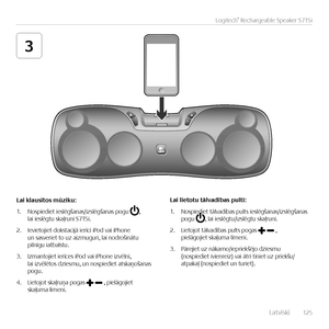 Page 125    Latv\fsk\f  12 5
Logitech® Rechargeable Speaker S715i
3
Lai	klausītos	mūziku:
1. Nosp\fed\fet \feslēgšanas/\fzslēgš\Nanas pogu , la\f \feslēgtu skaļrun\f S715\f.
2. Iev\fetoj\fet dokstac\fjā \ferīc\f \fPod va\f \fPhone  un sasver\fet to uz a\fzmugur\f, la\f nodroš\fnātu  p\flnīgu \fatbalstu.
3. Izmantoj\fet \ferīces \fPod va\f \fPhone \fzvēln\f,  la\f \fzvēlētos dz\fesmu, un nosp\fed\fet atskaņošanas  pogu. 
4. L\fetojot skaļruņa pogas  , p\felāgoj\fet  skaļuma līmen\f.
Lai	lietotu	tālvadības	pulti:...