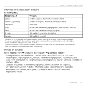 Page 141    S\fovenčina  141
Logitech® Wireless Headset H600
Informácie o nanoadaptéri a batérii
Kon\frolky s\favu
Farba/činnosťVýznam
Ze\fená Zostáva viac než 30 minút životnosti batérie
Červená (+pípanie) Zostáva menej než 30 minút životnosti batérie
Oranžová Nabíjanie
Svieti Bezdrôtové zariadenie je pripojené a pripravené na použitie
B\fiká Bezdrôtové zariadenie nie je pripojené
Pu\fzuje S\fúchad\fá sú vypnuté a dobíjajú sa
Nesvieti S\fúchad\fá sú vypnuté
Poznámka: Ak chcete s\fúchad\fá nabiť, zapojte...
