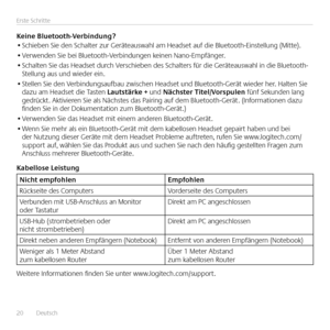 Page 2020  Deutsch 
Erste Schritte
Keine Bluetooth-Verbin\bung?• Schieben Sie den Schalter zur Geräteauswahl am Headset auf die Bluetooth-Einstellung (Mitte) 
• Verwenden Sie bei Bluetooth-Verbindungen keinen Nano-Empfänger  
• Schalten Sie das Headset durch Verschieben des Schalters für die Geräteauswahl in die Bluetooth-Stellung aus und wieder ein 
• Stellen Sie den Verbindungsaufbau zwischen Headset und Bluetooth-Gerät wieder her   Halten Sie dazu am Headset die Tasten Lautstärke + und Nächster...