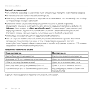 Page 204204  Български    
Започване на работа с
Bluetooth не се включва?• Плъзнете бутона за избор на устройство върху слушалката до позицията на Bluetooth (в средата).
• Не използвайте нано приемника за Bluetooth връзка. 
• Опитайте да изключите слушалките и след това отново ги включете, като плъзнете бутона за избор на устройство до позиция на Bluetooth.
• Установете отново свързването между слушалките и вашето Bluetooth устройство. Инициирайте свързване на слушалките, като натиснете и задържите за пет...