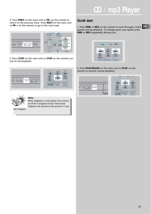 Page 334. Press PREVon the main unit or PR-on the remote to
return to the previous track. Press NEXTon the main unit
orPR +on the remote to go to the next track.
5. Press STOPon the main unit or STOPon the remote con-
trol to end playback.Quick scan
1. Press FWDorREVon the remote to scan through a track
quickly during playback. To change quick scan speed, press
FWDorREVrepeatedly during scan.
2. Press PLAY/PAUSEon the main unit or PLAYon the
remote to resume normal playback.
CD / mp3 Player
EN
31
PR
AUX 2...