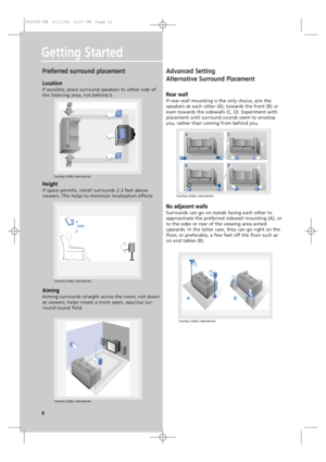 Page 11Getting Started
Preferred surround placement 
Location
If possible, place surround speakers to either side of
the listening area, not behind it. 
Height
If space permits, install surrounds 2-3 feet above
viewers. This helps to minimize localization effects.
Aiming
Aiming surrounds straight across the room, not down
at viewers, helps create a more open, spacious sur-
round sound field. 
Advanced Setting
Alternative Surround Placement 
Rear wall
If rear wall mounting is the only choice, aim the
speakers at...