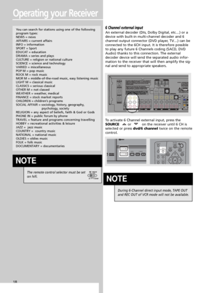 Page 21Operating your Receiver
6 Channel external input
An external decoder (Dts, Dolby Digital, etc…) or a
device with built-in multi-channel decoder and 6
channel output connector (DVD player, TV…) can be
connected to the 6CH input. It is therefore possible
to play any future 6 Channels coding (SACD, DVD
Audio) thanks to this connection. The external
decoder device will send the separated audio infor-
mation to the receiver that will then amplify the sig-
nal and send to appropriate speakers. 
To activate 6...