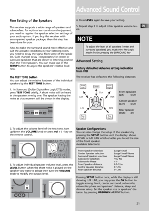 Page 24EN
21
Advanced Sound Control
Fine Setting of the Speakers 
This receiver supports a wide range of speakers and 
subwoofers. For optimal surround sound enjoyment,
you need to register the speaker selection settings of
your audio system. If you buy this receiver with
accompanied speaker package, then this step has
been done for you.
Also, to make the surround sound more effective and
suit the acoustic conditions in your listening room,
you need to delay the signal from some of the speak-
ers. Such channel...